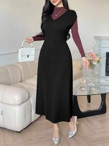 DAZY Women's Elegant V-Neck Solid Color Knitted Dress, High-End, Autumn/Winter Sweater Dress - Black - View 6