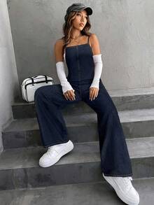 SHEIN Teen Girls Y2K Fashion Solid Washed Baggy Wide Leg Denim Jeans Overalls Jumpsuit Slanted Pocket Without Top,Casual Collegiate Style Comfortable Fashion Minimalist Practical Versatile Soft Fabric,Girls Fall Winter Clothes Back To School Homecoming Outfits,Autumn Clothes,Streetwear Outfits