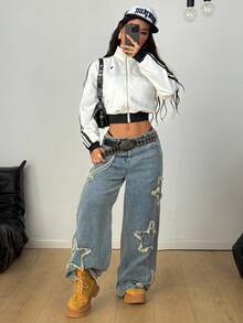 Coolane 女士秋季街头服饰简约基本款日常运动服返校节条纹纹理装饰白色短款运动衫夹克 - 白色 - 查看 2
