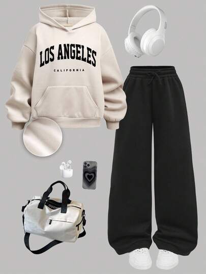 Girlism Tuta casual per ragazze adolescenti, composta da felpa con cappuccio a maniche lunghe con stampa a lettere e spalle scoperte, e pantaloni a gamba ampia, adatta per sport e casual business, per autunno/inverno