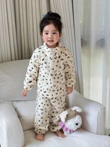 2pcs Young Girls Beige Leopard Print Fleece Long Sleeve Top And Pants Set, Casual Chic Polo Collar Half-Zip Design, Suitable For Outdoor And Indoor Wear, Winter Fall - Apricot - View 5