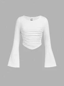 SHEIN Young Girl Fashionable Fitted Casual Round Neck Ruffle Flare Sleeve Long Sleeve T-Shirt, Suitable For School, Christmas, Halloween, Daily Wear, New Year Party, Autumn/Winter