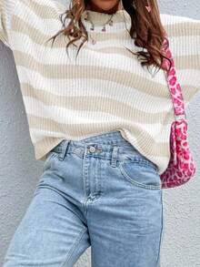 EMERY ROSE 休闲撞色条纹落肩宽松针织毛衣，秋季条纹毛衣女女士条纹套头衫条纹套头衫女士灯笼袖毛衣米色和白色条纹毛衣 - 彩色 - 查看 6