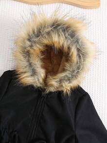 SHEIN Unisex Baby Cute Casual Black Fleece Hooded Jacket, Suitable For Baby Boys And Baby Girls, Autumn/Winter Baby Winter Coat Baby Boy Winter Coat Fall - Multicolor - View 5