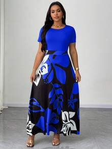 Maweii Plus Size Floral Print Patchwork Dress - Blue - View 1