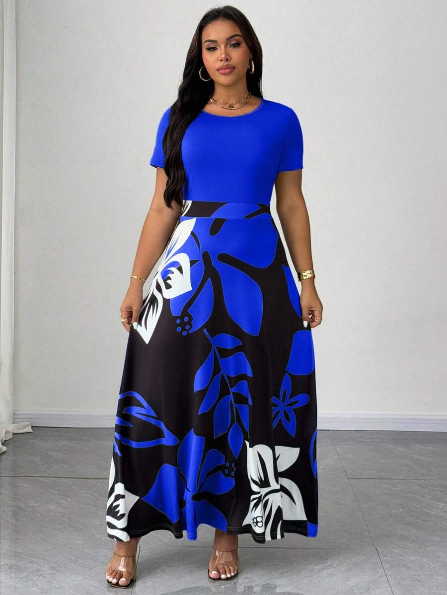Maweii Plus Size Floral Print Patchwork Dress - Blue - View 1