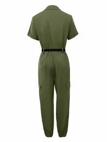 INAWLY Women's Summer Zip-Up Front Short Sleeve Jumpsuit - Army Green - View 2