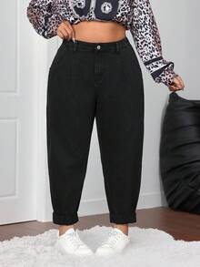 SHEIN CURVE+ 女式黑色秋冬弹力保暖内衬锥形加大码牛仔裤，适合所有女士服装，万圣节服装，乡村风格女士装，时尚秋季 - 黑色 - 查看 3