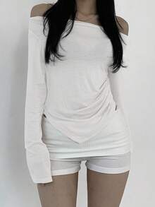 DAZY Women's Casual Off-Shoulder Asymmetrical Hem T-Shirt In Solid Color, Spring & Autumn,Off Shoulder Top,Back To School Clothes Long Sleeve Women Tops,Fall Women Clothes - White - View 2