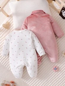 2 件新生儿简约可爱粉色和白色长袖连体衣套装，婴儿睡衣 - 彩色 - 查看 3