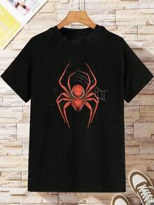 SHEIN Young Boy Summer Spider Printed Round Neck Casual Short Sleeve T-Shirt - Black - View 1