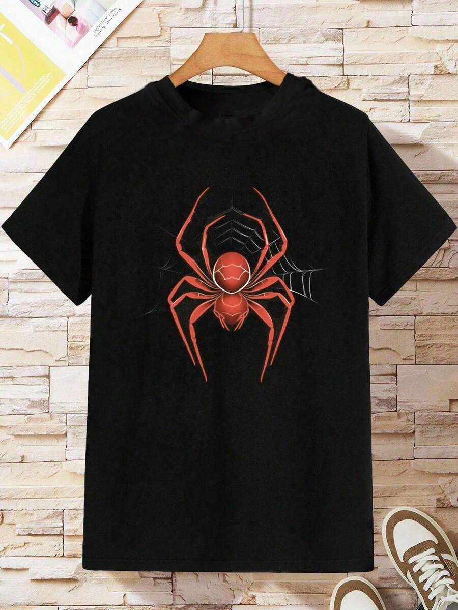 SHEIN Young Boy Summer Spider Printed Round Neck Casual Short Sleeve T-Shirt - Black - View 1