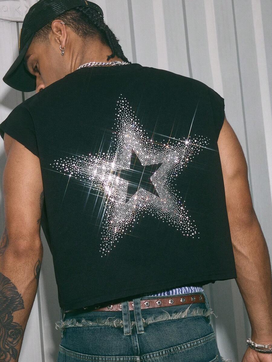 AXEPEAK Men's Fashionable Star Rhinestone Decor Tank Top, Summer - Black - View 1