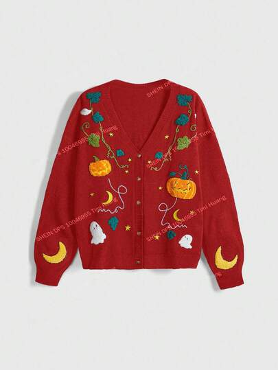 Fairycore Plus Size Women Halloween Cottagecore Pumpkin, Ghost, Moon Embroidered Cardigan Sweater