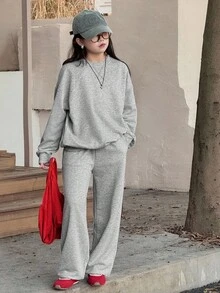 DAZY 2pcs/Set Tween Girls Crew Neck Letter Embroidered Sweatshirt Set, Fall - Light Grey - View 4