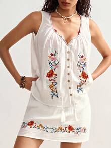 Bohemela Bộ 2 món áo hai dây dệt rộng rãi màu trơn và chân váy mini cho nữ - Màu be - Xem 3