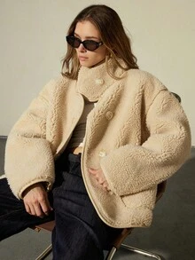 GENKIRA Autumn/Winter Sturdy Stand Collar Soft Fashionable Faux Fur Jacket - Beige - View 3