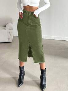 EURMUSE Women's Casual Washed Denim Slit Skirt - Army Green - View 5