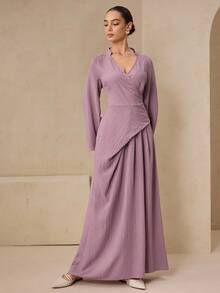 Graceveil Women's Casual Textured Fabric Cross Collar Cinched Waist Dress With Back Tie, Purple, Autumn/Winter - Purple - View 1