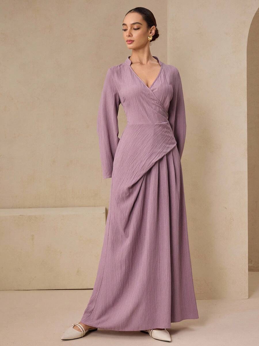 Graceveil Women's Casual Textured Fabric Cross Collar Cinched Waist Dress With Back Tie, Purple, Autumn/Winter - Purple - View 1
