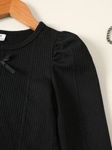 Elladie kids Young Girls Cute Lantern Sleeve, Bow Decor Black Basic Top, Paired With Pleated Khaki Skirt T-Shirt Set Fall Winter - Black - View 6
