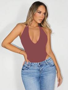 Sirith 性感无缝针织深V领露背吊带紧身衣 - 巧克力棕 - 查看 4