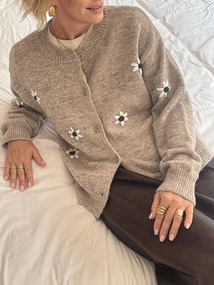 Women's Casual Floral Pattern Crew Neck Cardigan, Autumn/Winter