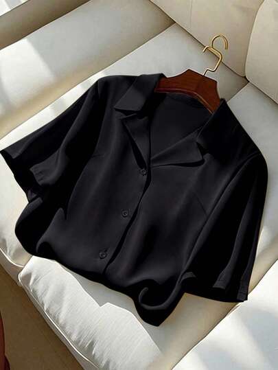 Franclia Plus Size Women's Solid Color Turndown Collar Short Sleeve Button Up Casual Loose Commuting Elegant Blouse Black Blouses Silk Shirt Office Blouse Blouses For Women Elegant Elegant Shirts