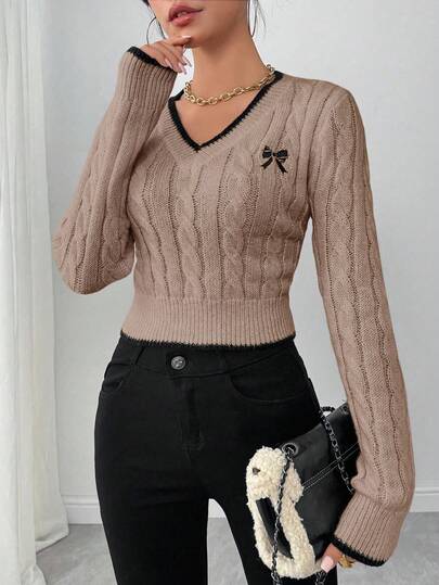 EMERY ROSE Maglione da donna a collo a V con lavorazione a trecce e ricamo a farfalla, adatto per l'autunno/inverno