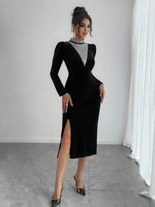 DAZY Long Sleeve Slit Dress, French High-End Luxury Rhinestone Embellished Fitted Gown Prom Dress - Black - View 3