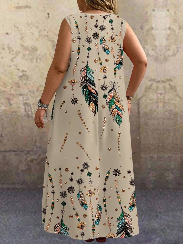 Plus Size Country Retro Holiday Casual Sleeveless Feather Imitation Gold Stamping Positioning Flower Print Long Dress Suitable For Spring And Summer Gifts For Mother Vacay Vibes Springbreak Casual Wear SS Bohemia Loose Fit Boho Style Country Concert Outfit,Sun Dresses For Women,Vacation