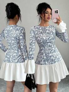 Elenzga Boho-Stil Blume Muster Rundhals Langarm Farbblock Taille gerafft Mini-Kleid, elegantes französisches Design, geeignet für die Abschlussfeier-Saison, Sommeroutfit