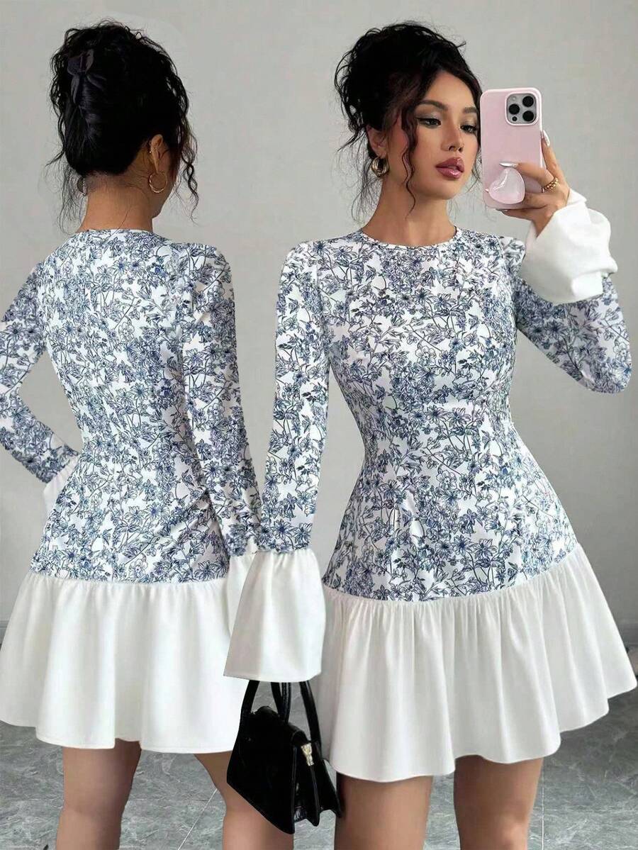 Elenzga Boho-Stil Blume Muster Rundhals Langarm Farbblock Taille gerafft Mini-Kleid, elegantes französisches Design, geeignet für die Abschlussfeier-Saison, Sommeroutfit