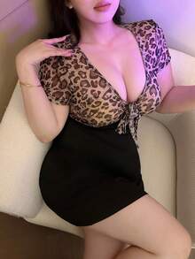 Vibekara 大码女式豹纹性感紧身连衣裙 - 黑色 - 查看 4