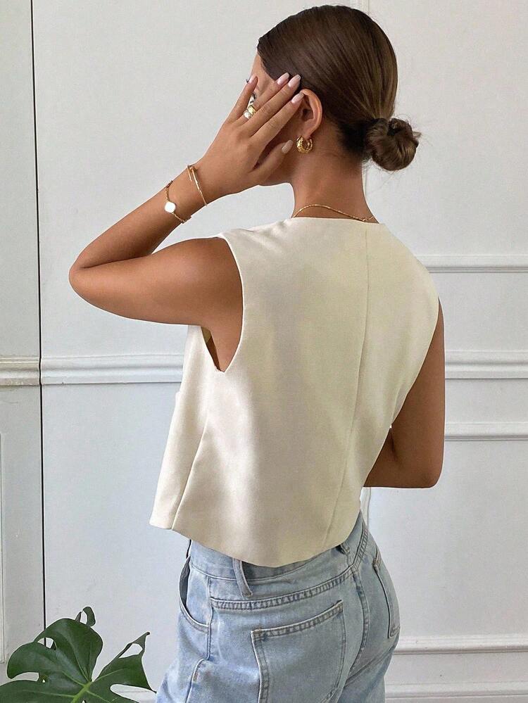 Solid Color Crew Neck Sleeveless Fitted Jacket For Women, Spring/Summer