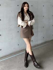 DAZY Solid Color Side Split Casual Skorts Summer - Khaki - View 4