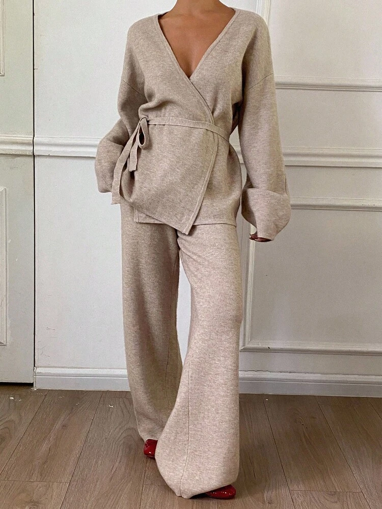 Women's Casual Solid Color V-Neck Belted Long Pants & Sweater 2 Pieces Set, Autumn