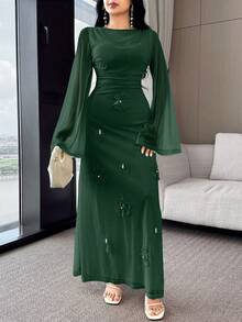 Modelyn 保守纯色修身长袖阿拉伯风格女式连衣裙 - 墨綠色 - 查看 5