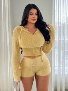 SHEIN SXY 女士奶油色拉链连帽衫和短裤套装，秋冬 - 黃色 - 查看 6