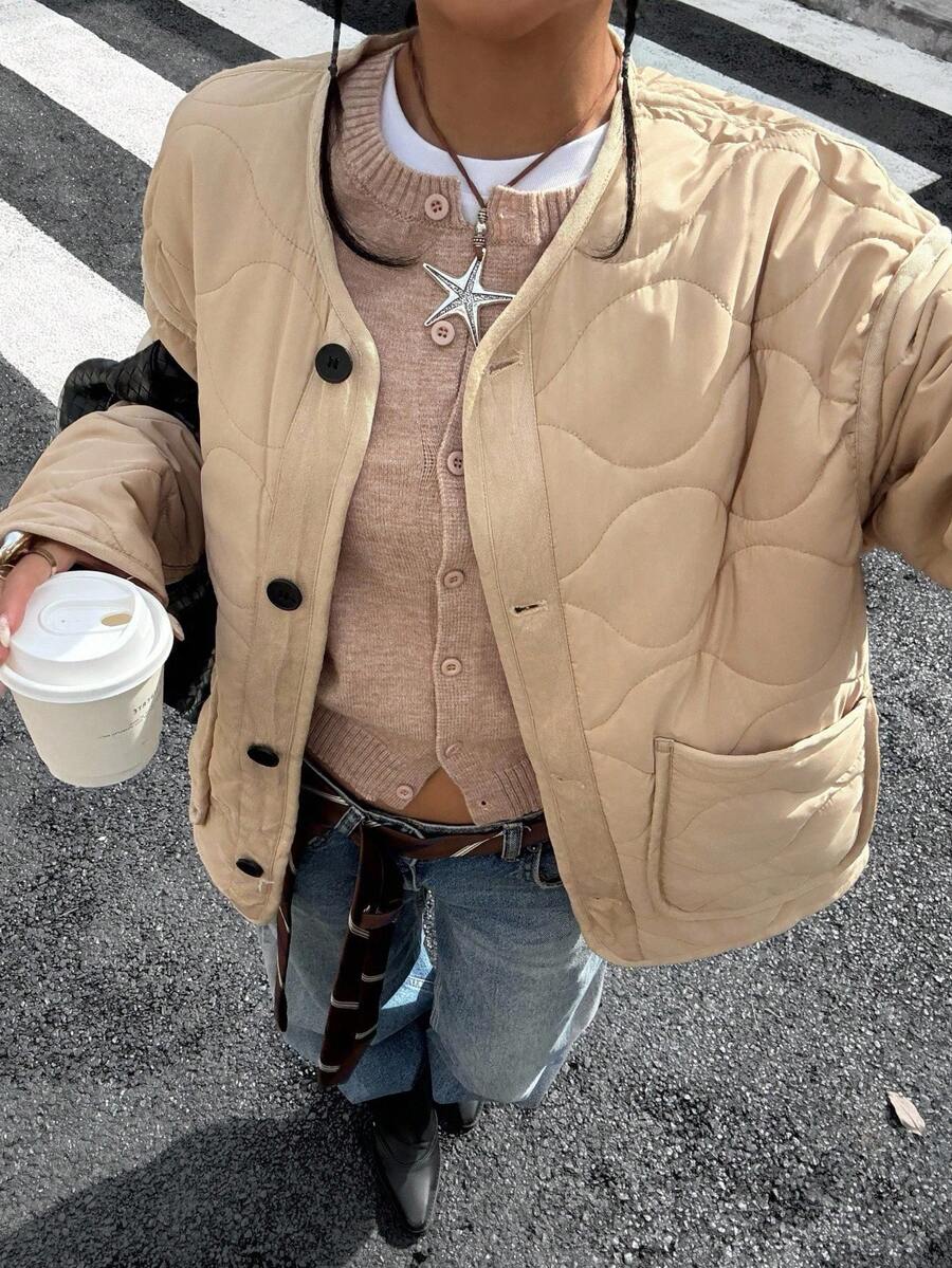 Muchica 女士休闲百搭羊毛夹克，秋冬 - 卡其色 - 查看 1