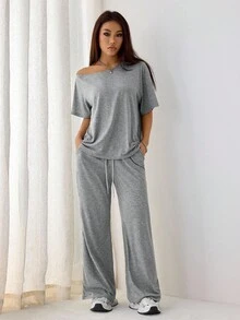 SHEIN PETITE 女款灰色夏季休閒日常兩件套，極簡街頭風露肩T恤與寬腿運動長褲套裝，基礎日常穿著衣物，適合嬌小女性 - 灰色 - 查看 8