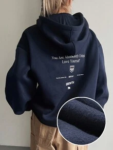 DAZY 标语图案落肩抽绳保暖内衬连帽衫你绝对独一无二爱自己坚强发现更好的一面保持冷静成长尝试新事物，长袖上衣，秋季女装运动衫 - 藏蓝色 - 查看 2