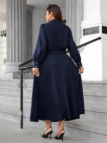 Ellevyn Plus Size Women's Turndown Collar Long Sleeve Dress, Navy Blue Dress, Elegant Dress, Casual Dress, Versatile Dress, Office Commute Dress, Business Dress