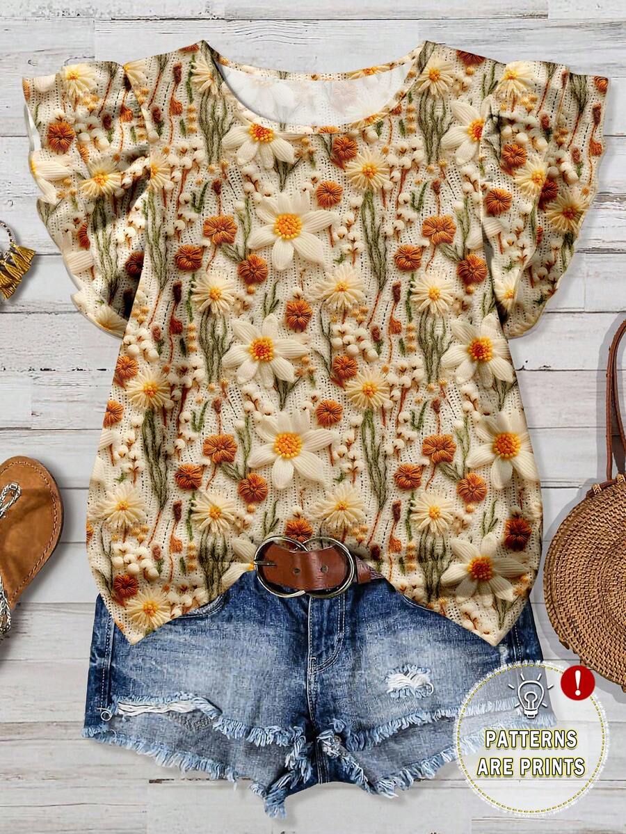 EMERY ROSE 浪漫优雅仿 3D 花卉印花加大码女式圆领荷叶边下摆短袖衬衫，春夏女式花卉上衣，女式夏季衬衫，波西米亚风女式上衣 - 彩色 - 查看 1