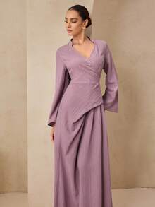 Graceveil Women's Casual Textured Fabric Cross Collar Cinched Waist Dress With Back Tie, Purple, Autumn/Winter - Purple - View 2