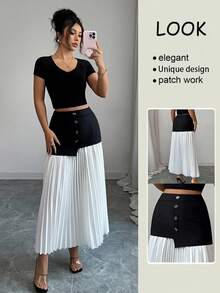 Elenzga Saia Elegante e Chique de Mulher com Contraste Preto e Branco, Plissada, Assimétrica e com Decoração de Botão