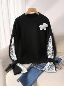 GlowEve CURVE Black And White Elegant Lace-Patchwork Knit Sweater,Autumn Everyday Floral Design Long Sleeve Pullover, Fashion Must-Have For Winter Dates - Black - View 1