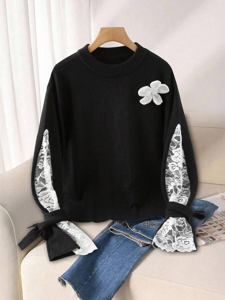 GlowEve CURVE Black And White Elegant Lace-Patchwork Knit Sweater,Autumn Everyday Floral Design Long Sleeve Pullover, Fashion Must-Have For Winter Dates - Black - View 1