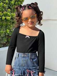 SHEIN Young Girl Solid Color Ruffle Collar Bowknot Fitted Long Sleeve Cropped Casual Elegant T-Shirt, Black, Sweet & Cool Girl, Personalized Sweet, School Style, Back To School Season Kids Black Top Girls Black Top Fall Winter - Black - View 5