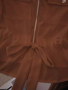 SHEIN LUNE 女式简约纯色前拉链抽绳系带短袖衬衫 - 棕色 - 查看 6